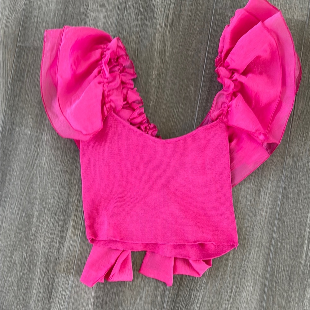SHEIN Pink Ruffle Extravagant Sleeve Tank Top